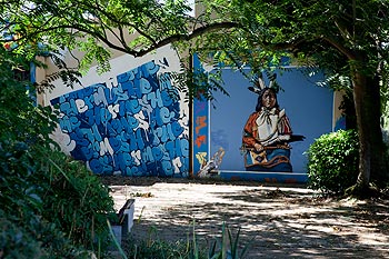 Mur à l'indien en symphonie de bleu dans un cadre de verdure - Bagnolet 2009, photographié par Norbert Pousseur ©