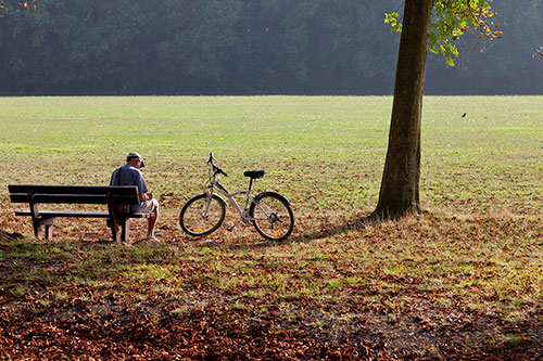 Homme sur un banc de parc, près de son vélo - © Norbert Pousseur