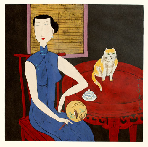 Femme chinoise à l'éventail, peinture sur soie - © Norbert Pousseur