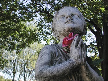 Statue�d'enfant�tenant�une�rose - vitrail de cimetière - © Norbert Pousseur