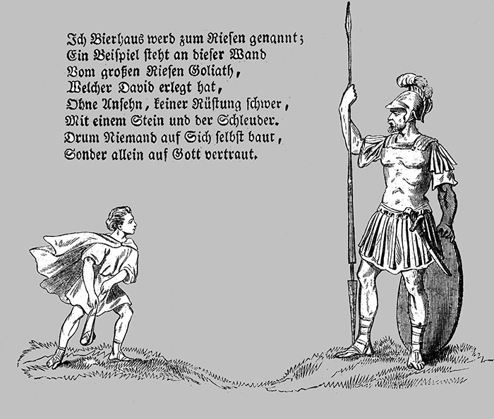 David et Goliath pour l'enseigne de la Brasserie du Géant à Strasbourg - reproduction © Norbert Pousseur