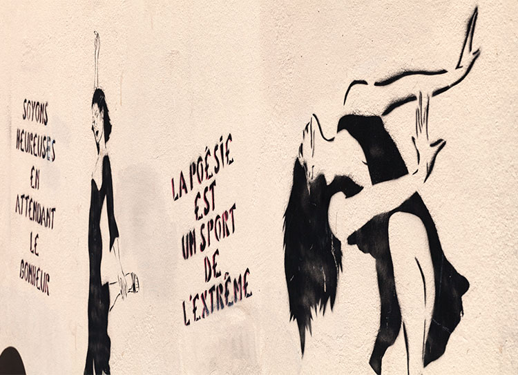 La poésie est un sport de l’extrême - un graph'mur ou street art de Miss Tic, photographié par © Norbert Pousseur