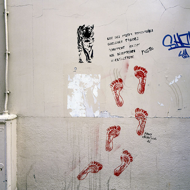 Sur des pistes improvisées quelques tigres s'échappent encore... - un graph'mur ou street art de Miss Tic, photographié par © Norbert Pousseur