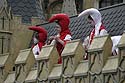 Elèves blanc et rouge juché sur les fenêtres du collège - Kattenstoet 2006 - fête des chats - Ieper - Ypres - © Norbert Pousseur