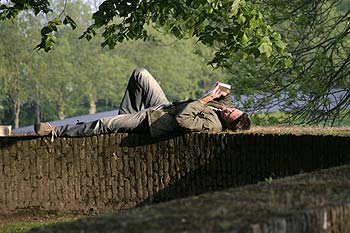 lecteur sur la muraille d'enceinte - Kattenstoet 2006 - fête des chats - Ieper - Ypres - © Norbert Pousseur