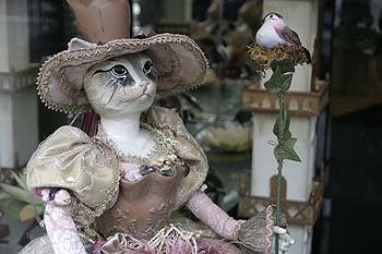 en vitrine, chatte  en porcelaine habillée en gentillhomme  - Kattenstoet 2006 - fête des chats - Ieper - Ypres - © Norbert Pousseur