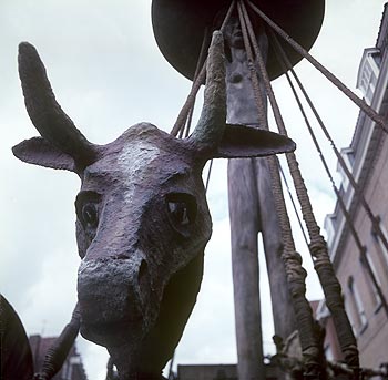 Tête de bovin sur le char de Freya - Kattenstoet 1977 - fête des chats - Ieper - Ypres - © Norbert Pousseur