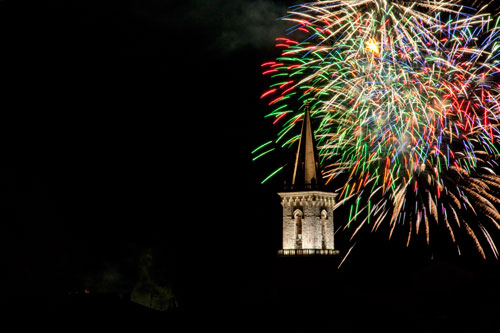 Bell tower and multiple fireworks - © Norbert Pousseur