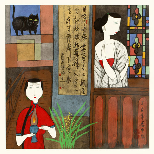 Intérieur chinois, peinture contemporaine sur soie - © Norbert Pousseur