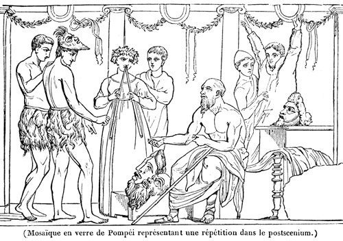 Répétition de théâtre grec avec masques - reproduction © Norbert Pousseur