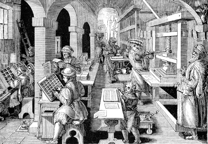 Atelier d'imprimerie au 16ème siècle - reproduction par  © Norbert Pousseur