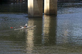 Rameur sous le pont de Puteaux - ponts sur Seine - © Norbert Pousseur