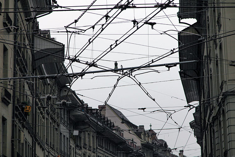 Rue garnie de fils électrques pour la circulation des bus -  © Norbert Pousseur