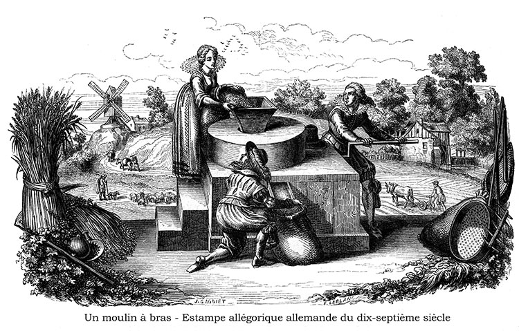 Moulin à bras du 17ème siècle  -  Gravure numérisée et restaurée par © Norbert Pousseur