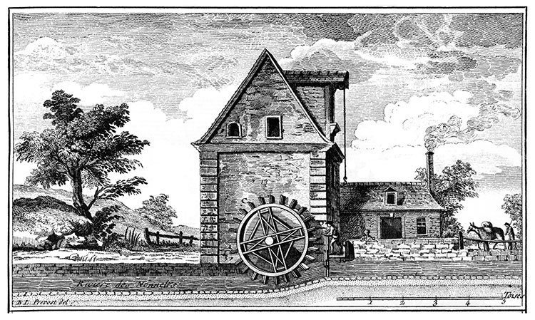 Moulin à eau au 18ème siècle -  Gravure numérisée et restaurée par © Norbert Pousseur