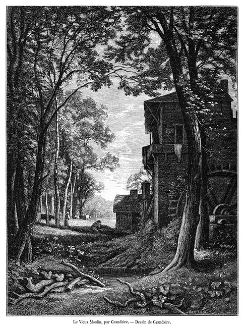 Moulin à eau au 19ème siècle  -  Gravure numérisée et restaurée par © Norbert Pousseur