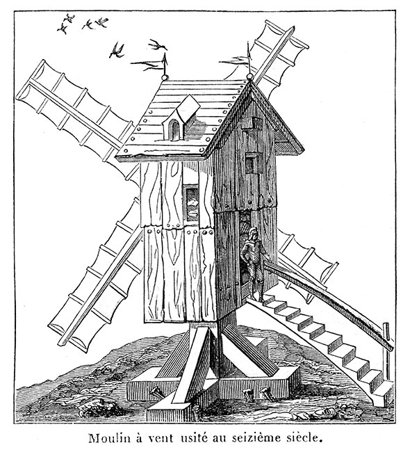 Moulin à vent du seizième siècle -  Gravure numérisée et restaurée par © Norbert Pousseur
