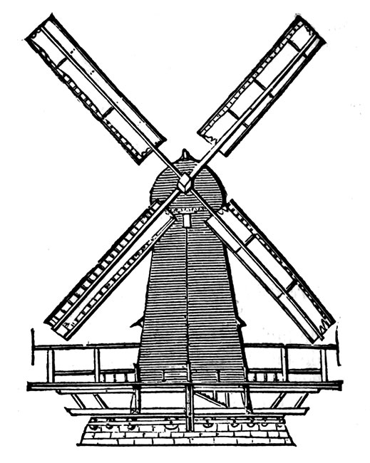 Moulin à vent, fixe, non pivotant  -  Gravure numérisée et restaurée par © Norbert Pousseur