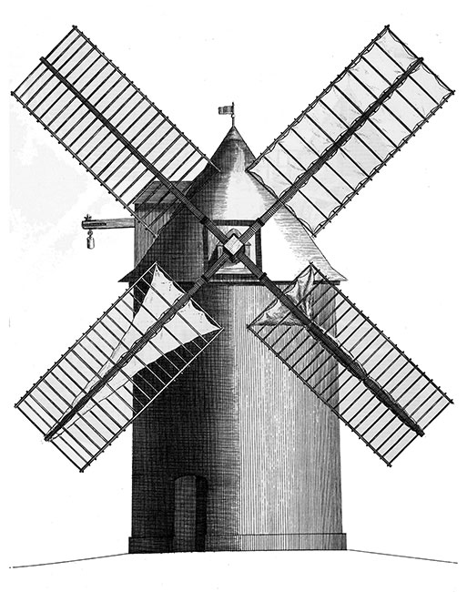 Moulin à vent, fixe, non pivotant  -  Gravure numérisée et restaurée par © Norbert Pousseur