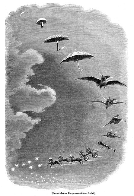 Rêve du caricaturiste  J.J. Grandville : Une promenade dans le ciel - gravure de Rauch reproduite et restaurée numériquement par © Norbert Pousseur